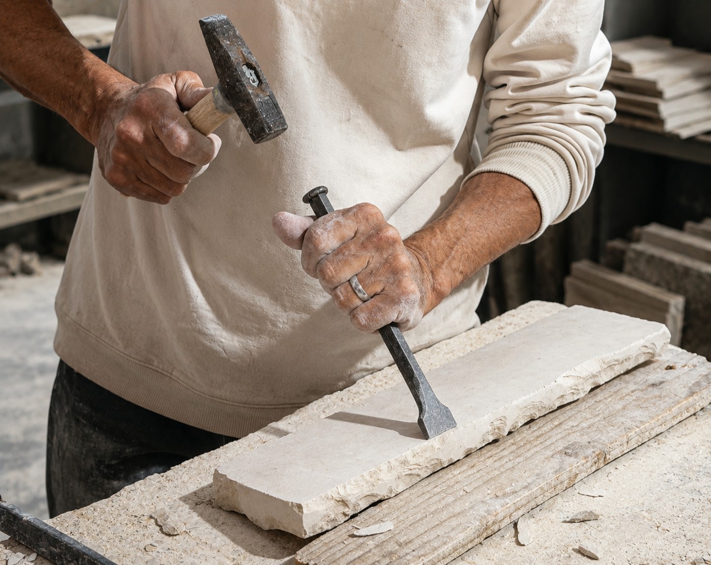 Taille de pierre à l'atelier